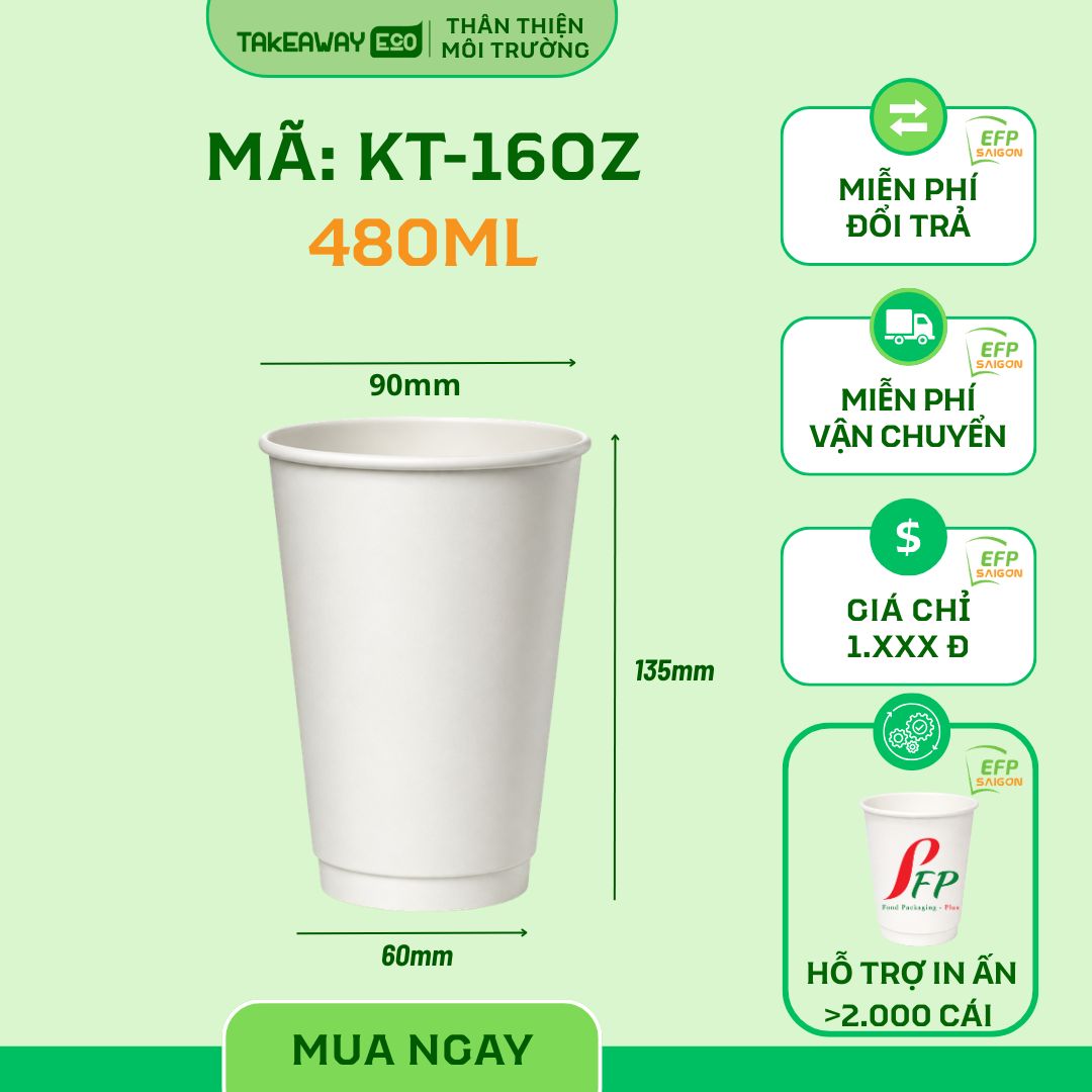 Ly Giấy Trắng 2 Lớp 16oz-480ml (Dùng Nóng/Lạnh)